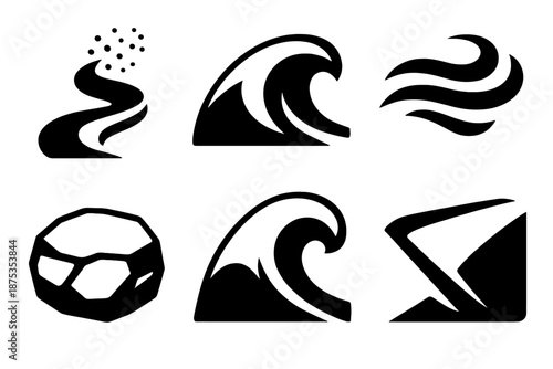 Coldcarve Icon Set. Coldcarve Snow Slice icon set in silhouette bold style. Contain powder ribbon, sliced snow wave, cool wind arc, frozen path stone, snow drift curl, crisp slice mark