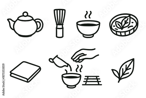 Traditional Tea Icons. Traditional Tea Culture set in outline vector style: clay teapot, bamboo whisk, tea bowl, leaf basket, tea ceremony cloth, gentle steam lines, pouring gesture, calm light