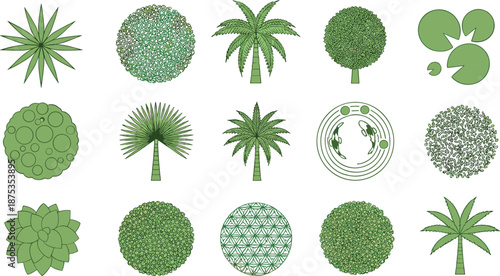 Green Tree and Bush Top View Icon Set with Botanical Foliage Elements for Landscape Design, Maps, Games, and Nature Illustrations