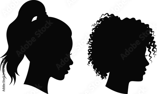 Silhouette, heads, profile, hairstyle, ponytail, curly, black, minimalist, contrast, diversity, hair, texture, style, identity, expression, design, face, gender, comparison, concept