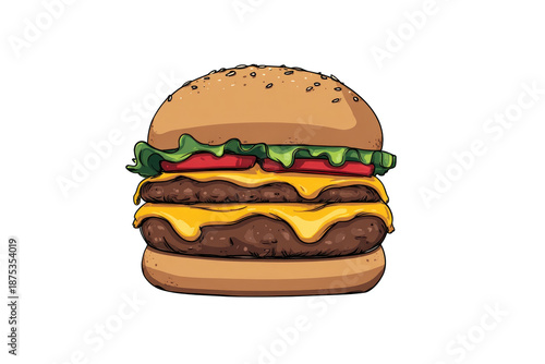 Cartoon Cheeseburger with Melted Cheese on Isolated Background