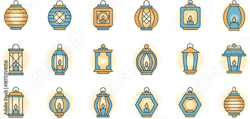 Collection of traditional lanterns and candles in various designs and shapes for decorative use