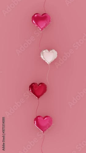 Vertical 3d Valentine heart balloon frame border flying loop animation copyspace background banner template pink red white helium floating romantic cupid February holiday greeting card gift surprise