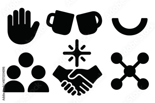 Brutalist Social Icons. Social Warmth icon set in silhouette bold style. Contain friendly wave icon, shared cup, open chat bubble, welcoming smile arc, group