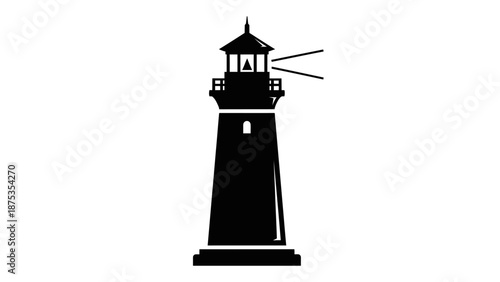 Iconic Lighthouse Silhouette Shining Brightly Against White Background.