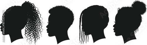 Silhouette, heads, profile, hairstyle, ponytail, afro, braids, bun, black, texture, style, identity, diversity, expression, design, hair, culture, shape, concept, comparison