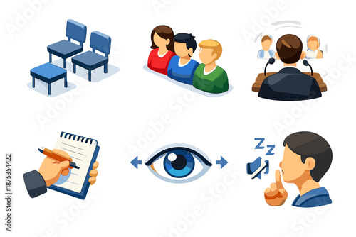 Isometric Presentation Icons. Presentation listeners set in isometric flat vector : audience chairs, attentive figures, speaker viewpoint, note taking, eye focus, quiet room