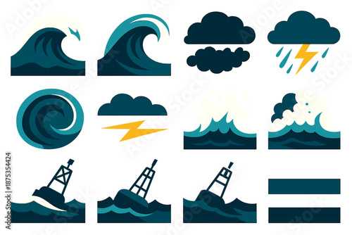 Vibrant Stormy Seascape. Stormy Seascape vector set in modern flat style : sharp wave crest, wind-swept spray arc, dark cloud form, churning water ring, distant