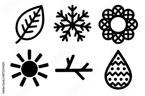 Brutalist Icon Collection. Seasonal crafting icon set in silhouette bold style. Contain stitched leaf, carved snow star, woven flower ring, painted sun ray, rustic twig, patterned raindrop