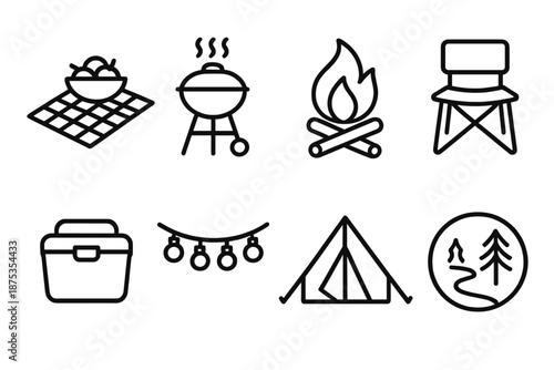 Outdoor Picnic Icons. Outdoor gatheringset in outline vector style picnic blanket, grill, campfire, folding chairs, cooler box, string lights, tent, nature trail icon