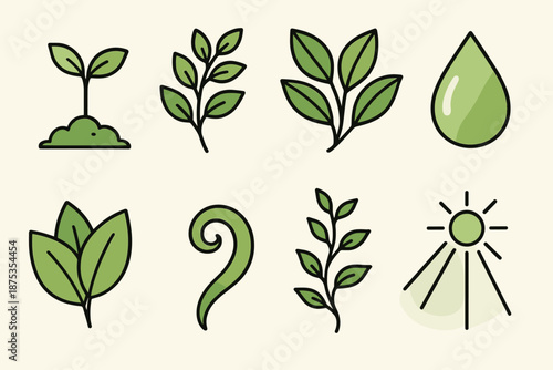Verdant Icon Set. Verdant Growth set in outline vector style: fresh sprout, leafy stem, lush branch, dew droplet, vibrant leaf cluster, soft green curl, growing vine, sunlight beam