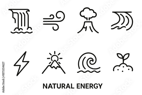 Nature's Elemental Icons. Natural Energy set in outline vector style: waterfall flow, wind gust, geothermal vent, river current, lightning bolt, mountain sunbeam, tidal crest, fertile soil icon