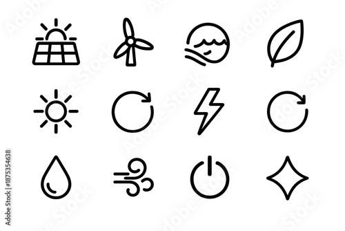 Clean Energy Icons. Clean Power Systems set in outline vector style: solar glow tile, turbine curve, hydro wave, eco leaf outline, sun flare, circular energy