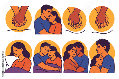 Intimate Icon Set. Physical intimacy vector set in modern flat style : holding hands, close embrace, intertwined fingers, soft pillow, cozy blanket, warm circle, touch line, gentle wave