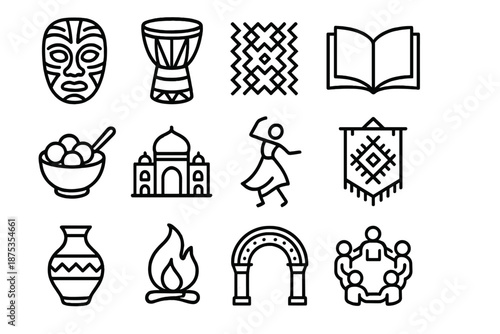 Cultural Icons Mosaic. Culture set in outline vector style: traditional mask, musical drum, woven pattern, open book, shared meal bowl, cultural landmark