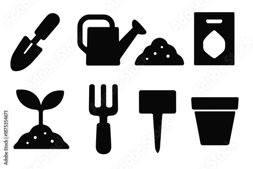 Brutalist Garden Icons. Garden Basics icon set in silhouette bold style. Contain hand trowel, watering can, soil mound, seed packet shape, sprouting seedling, garden fork, plant marker, small pot