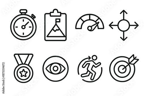Motivation Icon Set. Performance Motivation Drive set in outline vector style: stopwatch icon, challenge brief, progress meter, strategy arrows, achievement
