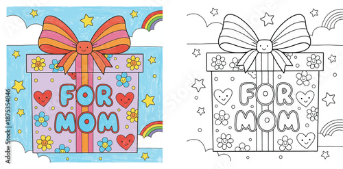 Mother's Day Gift Box Coloring Page for Kids with Colorful and Black and White Line Art Versions Featuring Flowers Hearts Stars and Rainbow Background Illustration for Greeting Card