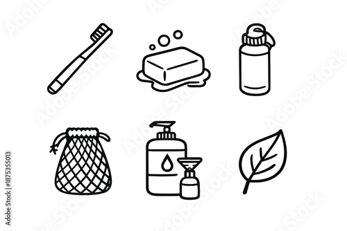 Eco-Friendly Essentials. Plastic free livingset in outline vector style bamboo toothbrush, bar soap, reusable bottle, produce mesh bag, refill station, clean leaf