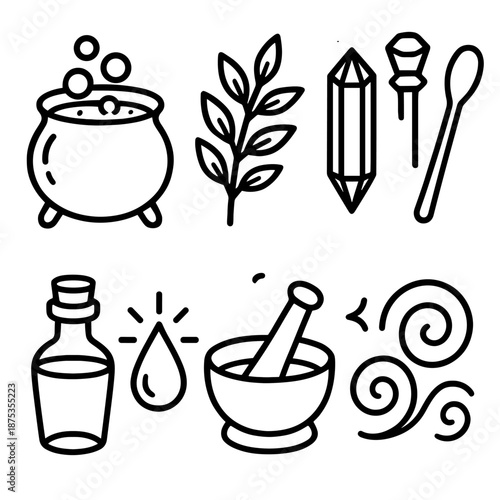 Potion Making Icons. Potion Making set in outline vector style: bubbling cauldron, herb sprig, crystal vial, stirring spoon, corked bottle, glowing droplet, mortar and pestle, arcane swirl