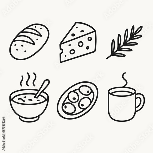 European Comforts Icons. European Comforts classics set in outline vector style: crusty bread, cheese wedge, herb sprig, warm soup bowl, olive dish, cozy mug