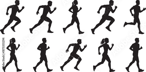 Dynamic collection of diverse running and jogging people silhouettes showcasing various athletic movements