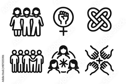 Empowerment Icons Unity. March 8 Empowerment Themes unity set in outline vector style: linked arms, shared circle, woven lines, harmony knot, group silhouettes, collective spark