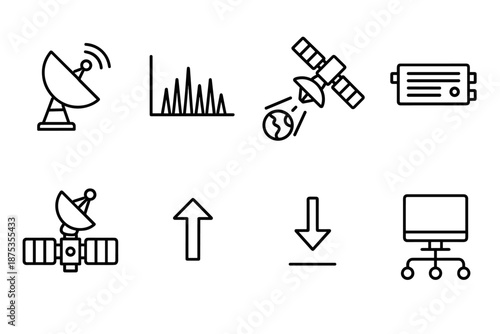 Satellite Communication Icons. Communication Satellite Systems set in outline vector style: relay dish, band spectrum icon, signal beam, transponder unit,