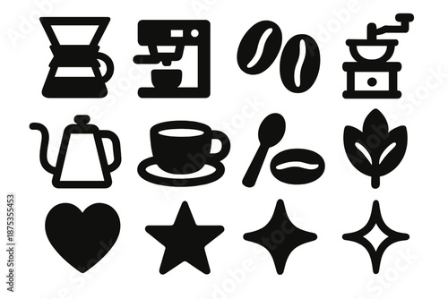 Brutalist Coffee Icons. Specialty Coffee icon set in silhouette bold style. Contain pour-over coffee, espresso, beans, grinder, kettle, cup, saucer, spoon, leaf, heart, star, sparkle