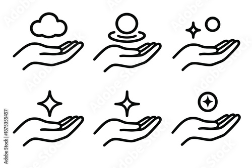 Supportive Hand Design. Assisting Hand set in outline vector style : open hand silhouette, soft glow puff, gentle ripple line, nurturing contour, supportive