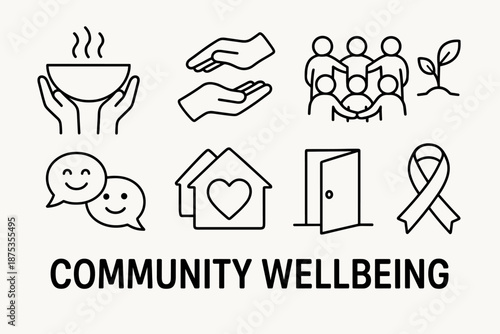 Community Togetherness Icons. Community Wellbeing set in outline vector style: shared meal bowl, helping hand, group circle, garden sprout, friendly chat