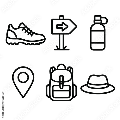 Outdoor Essentials Icons. Outdoor Walks essentials set in outline vector style: walking shoe, trail marker, water bottle, backpack, map pin, sun hat