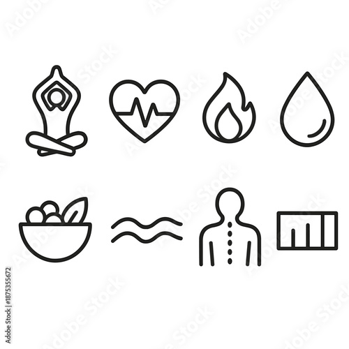 Mind-Body Wellness Icons. Mind–Body Wellness set in outline vector style: yoga pose, heart pulse, restorative flame, hydration droplet, nutritious bowl, soothing wave, posture alignment, wellness bar