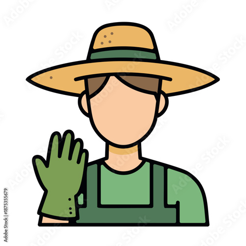 Friendly gardener wearing a classic straw hat and protective green glove, symbolizing agricultural work and outdoor labor, greeting or showing an open hand gesture