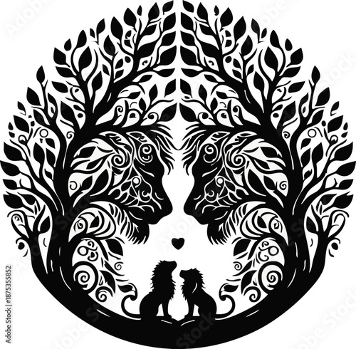 Intricate tree of life design with lion profiles and cubs symbolizing family and love perfect for spiritual or nature-themed graphics