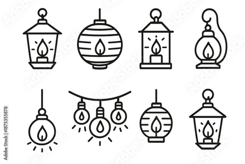 Hanging Lantern Icons. Lanternsset in outline vector style hanging lantern, paper lantern, candle lantern, oil lamp, light glow, flame, string lights, hook