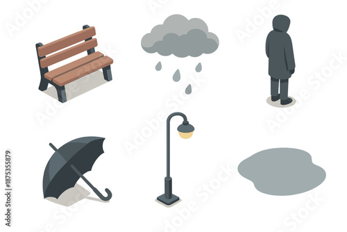 Quiet Urban Solitude. Quiet loneliness set in isometric flat vector : empty bench, overcast sky, lone figure, distant streetlight, abandoned umbrella, still puddle