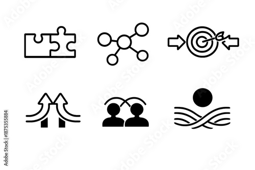 Collaborative Harmony Icons. Collaborative outcomeset in outline vector style puzzle pieces fitting, linked nodes, common target, merged paths, harmony waves, solid circle