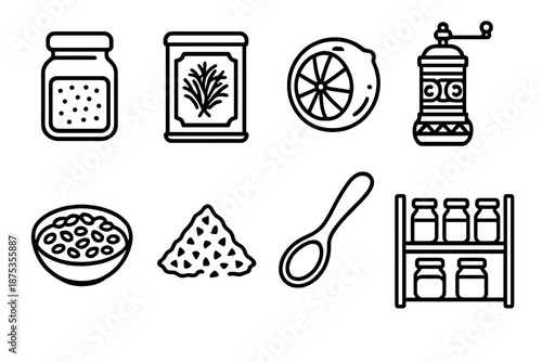 Spice Pantry Icons. Middle Eastern Spice Pantry set in outline vector style: labeled jars, saffron tin, dried lemon, spice grinder, sesame bowl, pepper flakes, wooden spoon, pantry shelf