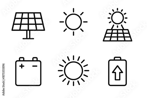 Solar Energy Icons. Harvesting Energy solar set in outline vector style: solar panel, sun disk, light beam, energy cell, radiant ring, charge arrow