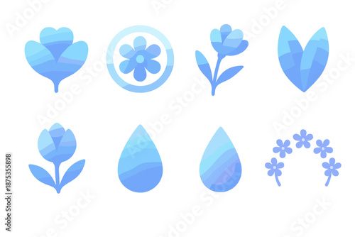 Arctic Blossom Icons. Arctic Blossoms set in isometric flat vector : polar bloom shape, cool gradient petal, frost halo flower, winter stem silhouette, icy leaf