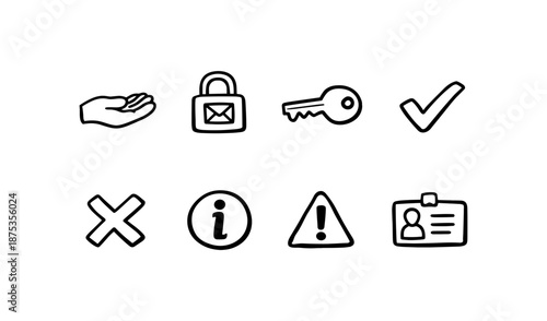 Collection of hand-drawn icons representing security, information, and status symbols