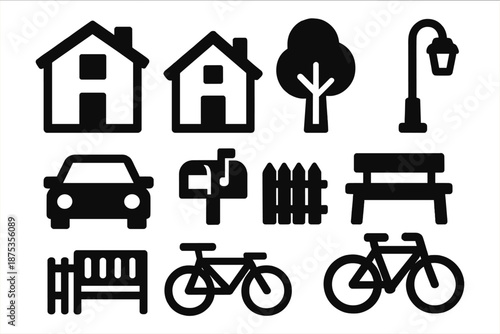 Bold Neighborhood Icons. Neighborhood icon set in silhouette bold style. Contain houses, tree, street lamp, car, mailbox, fence, park bench, bicycle