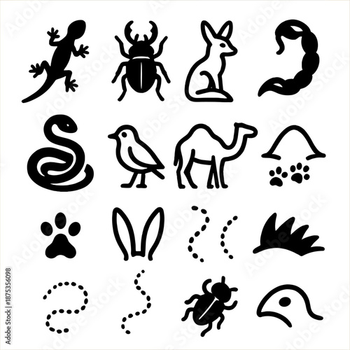 Desert Creature Outlines. Desert Creatures set in outline vector style: lizard silhouette, horned beetle, desert fox, scorpion tail curve, snake coil, dune bird