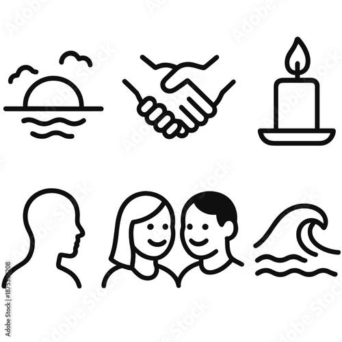 Timeless Memory Icons. Timeless Memory moments set in outline vector style: sunset horizon, joined hands, warm candle, peaceful silhouette, shared smile, gentle wave