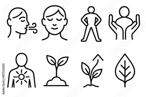 Inner Strength Icons. Personal Inner Strength set in outline vector style: mindful breath, calm gaze icon, rooted stance, supportive hands, inner light, growth sprout, determined arrow, grounding leaf