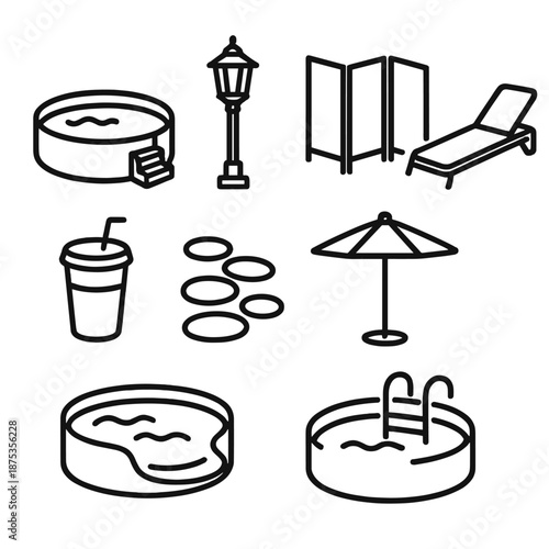 Relaxing Hot Springs Resort. Resort hot springsset in outline vector style outdoor tub, lantern post, privacy screen, lounge bed, drink cup, decorative stone path, umbrella shade, pool steps