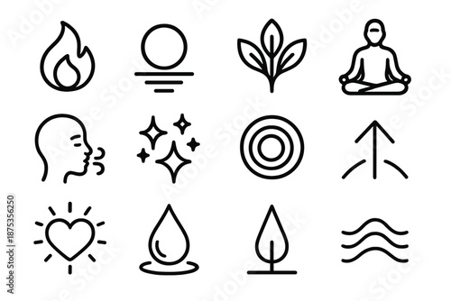 Icons of Inner Growth. Inner Growth set in outline vector style: soft flame, reflective circle, unfolding leaf, guided beam, mindful breath icon, rising shimmer