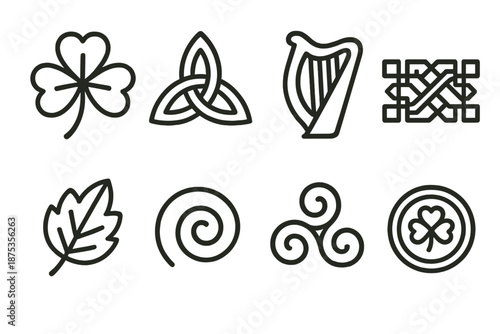 Celtic Folk Motif Icons. St. Patrick’s Day Folk Motifs set in outline vector style: shamrock emblem, Celtic knot, harp silhouette, woven border, rustic leaf, spiral mark, folk swirl, lucky coin