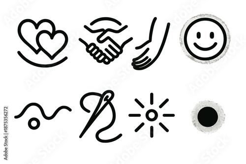 Warm Connection Icons. Warm Connections set in outline vector style: shared heart, joined hands, supportive arm, friendly smile icon, soft glow, uplifting curve, harmony thread, radiant dot